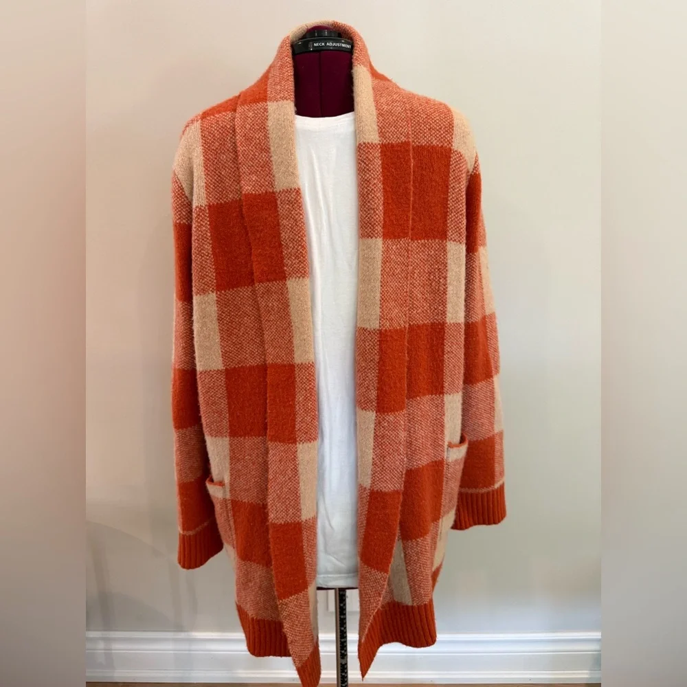 Cyrus Buffalo Plaid Cardigan – Size L | Orange & Cream Cozy Knit - Picture 5 of 9